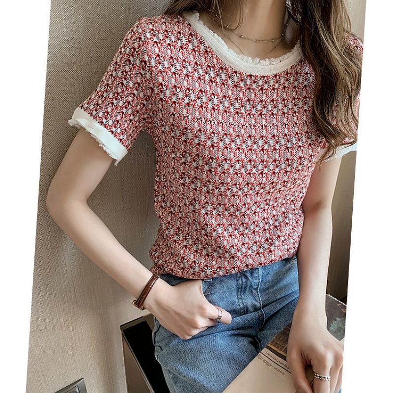 Short Sleeve T-shirt 2020 mùa xuân Outfit mới thời trang Vintage vòng cổ Ice Knit Siennch nữ Loose Half-Sleeve dưới Lên trên