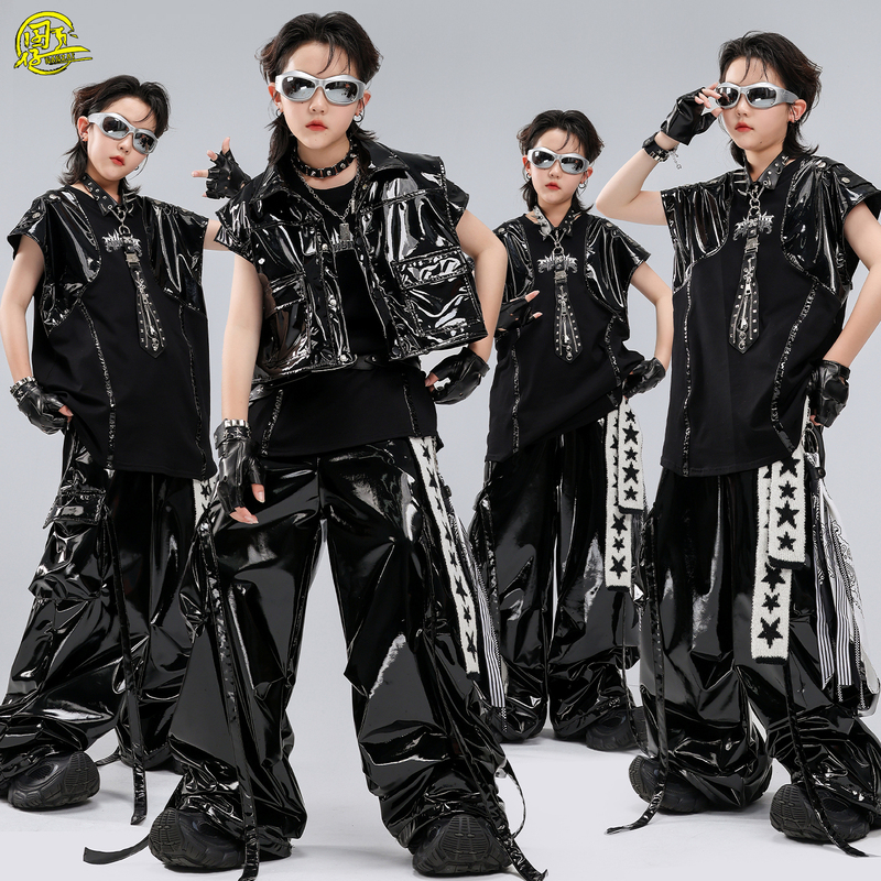 Children's Street Dance Trendy Clothing for Boys and Girls, Cool Leather Vest, Hip-Hop, Drum Set, Stage Show Performance Clothing Children's Street Dance Trendy Clothing for Boys and Girls, Cool Leather Vest, Hip-Hop, Drum Set, Stage Show Performance Clothing