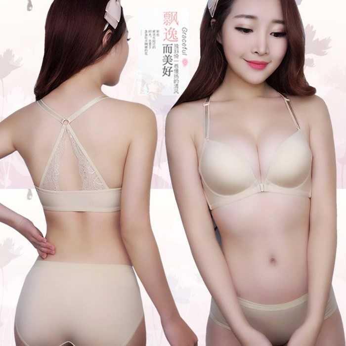 Womens áo ngực áo ngực áo ngực phía trước khóa đồ lót sexy không cô gái tụ tập vòng thép điều chỉnh vẻ đẹp trở lại ren phía trước.