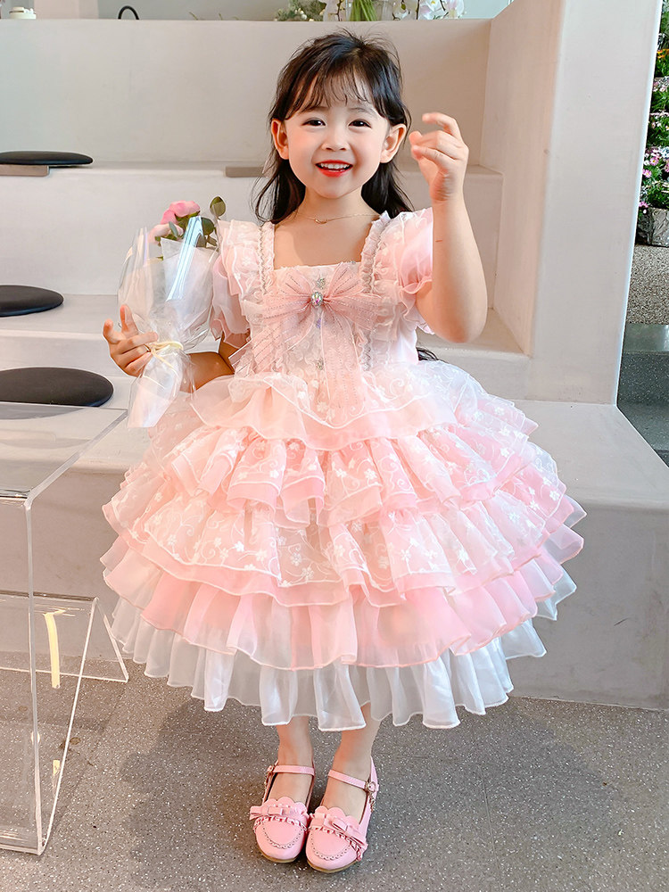 Kids Lolita Skirt High-end Short Sleeve Summer Cake Skirt Pink Sweet Lolita Fluffy Princess Skirt