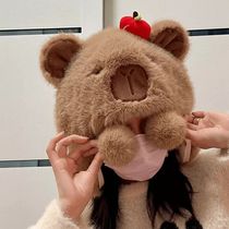 Capybara hat capybara baby brown plush girl winter warm cartoon headband red apple cute