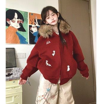 American Retro College Style Loose Versatile Thickened Heavy-Duty Hooded Fur Collar Zipper Sweatshirt Women's Jacket with Dog Embroidery
