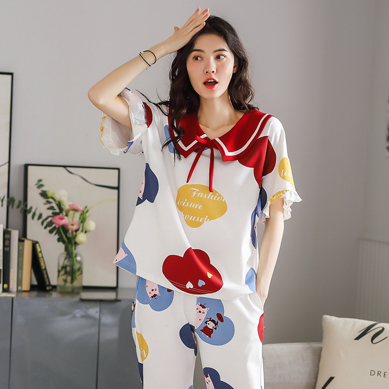 Pajama phụ nữ mùa xuân và mùa thu bông ngắn tay mỏng hai mảnh bộ phim hoạt hình net sinh viên dễ thương màu đỏ với quần áo nhà mùa hè