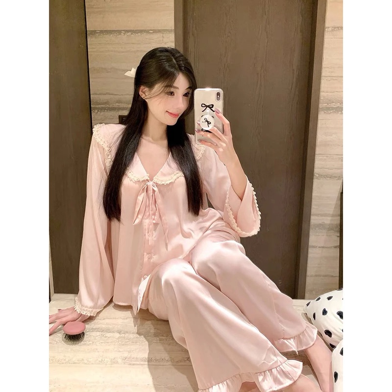[Butterfly Jacquard] 2026 Spring/Summer Doll Collar Pajamas Women's Homewear Lace Chest Pad Sweet Four-Piece Set for Outerwear