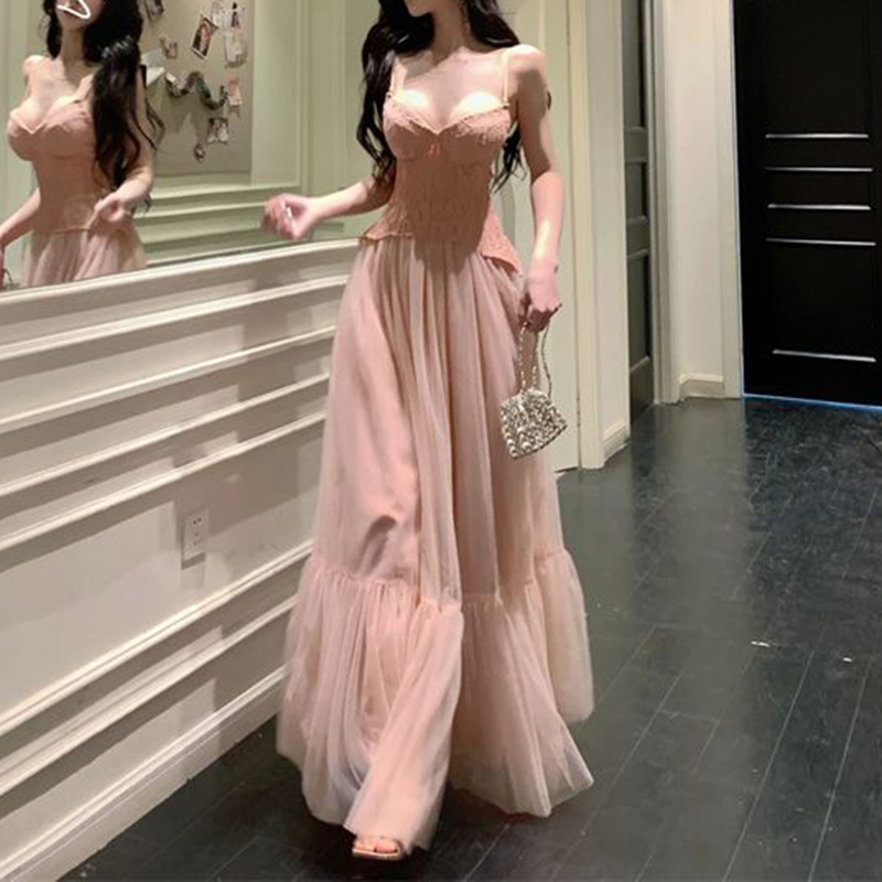 Plus Size mm High-End Design Lace Splicing Suspender Dress Women's Summer French Style Slim Slim Long Skirt