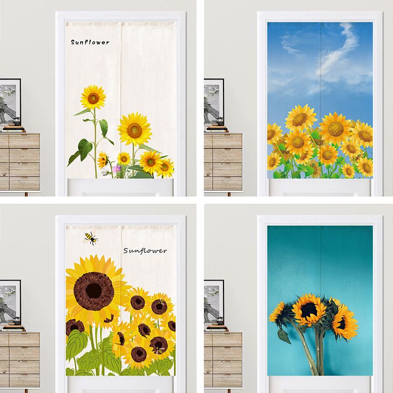 Sunflower Pattern Fabric Door Curtain, Fresh Sunflower Design, Bedroom, Entrance, Bathroom, Kitchen Partition Half Curtain