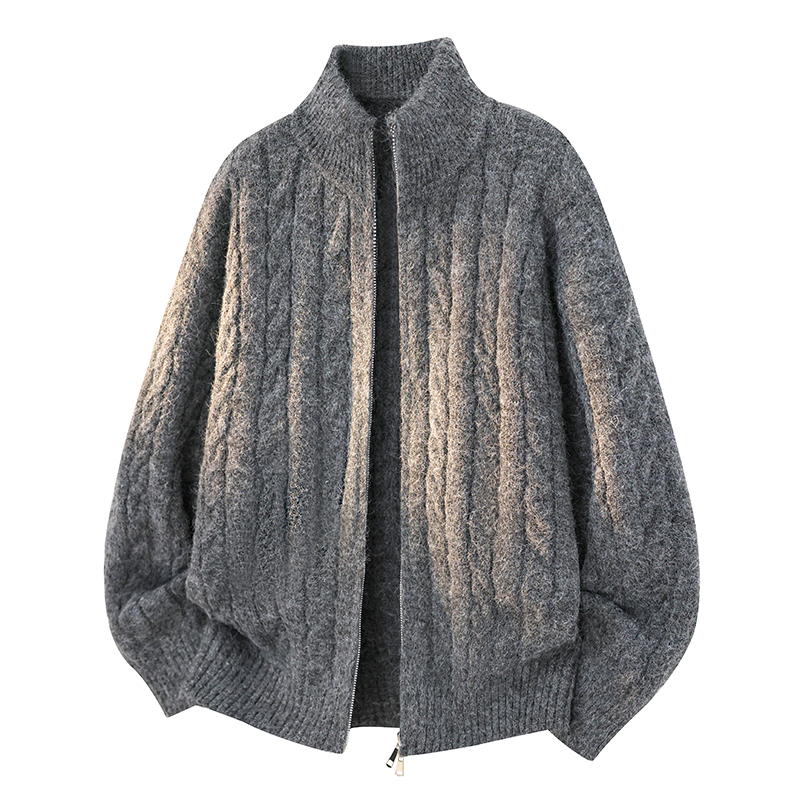 Cat and Mouse Old Money Style Cable Knit Cardigan Men's Stand Collar Zipper Sweater Coat Relaxed Fit Outerwear for Men