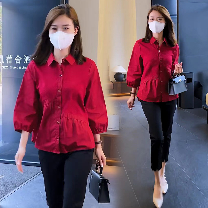 2026 Spring and Autumn Popular Red Shirt for Women, Tummy-Covering, Three-Quarter Sleeve Top, Stylish and Elegant Design, Base Shirt 2026 Spring and Autumn Popular Red Shirt for Women, Tummy-Covering, Three-Quarter Sleeve Top, Stylish and Elegant Design, Base Shirt