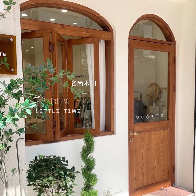 Pine outdoor curved door and window combination shop entry door clothing store dessert shop coffee shop glass wooden door