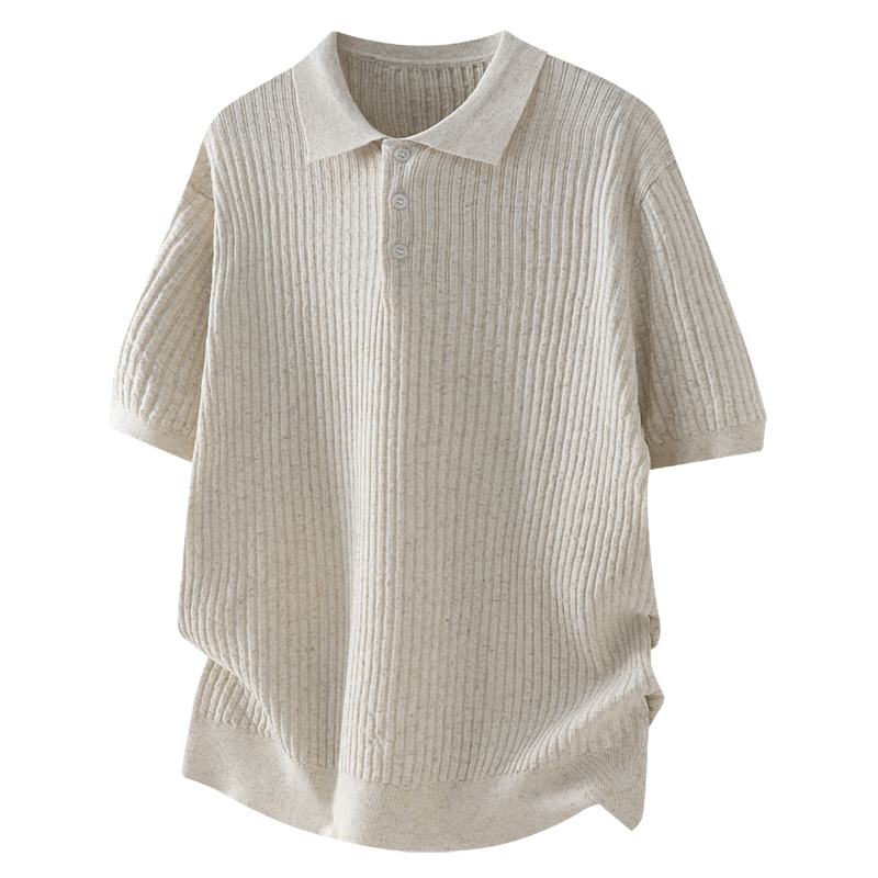 F329 Retro Vintage Style Knitted Short-Sleeve Polo Shirt for Men, Summer Thin Regular Shoulder T-Shirt with Cable Knit Collar Half-Sleeve