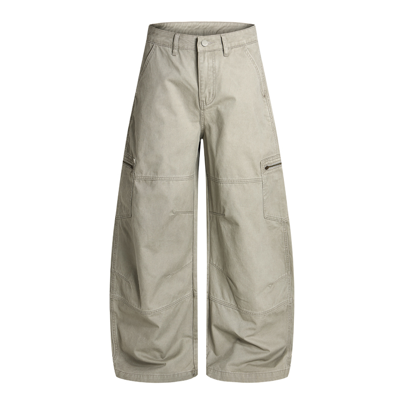 F329 Light Gray Stone-Washed Vintage Workwear Zipper Pocket Paratrooper Pleated Design Scimitar Work Pants