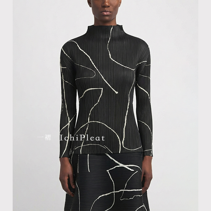 Lichipleat Miyake-Style High-End Pleated Printed Line Waist-Cinching Base Shirt with a Loose Silhouette and Long Sleeves