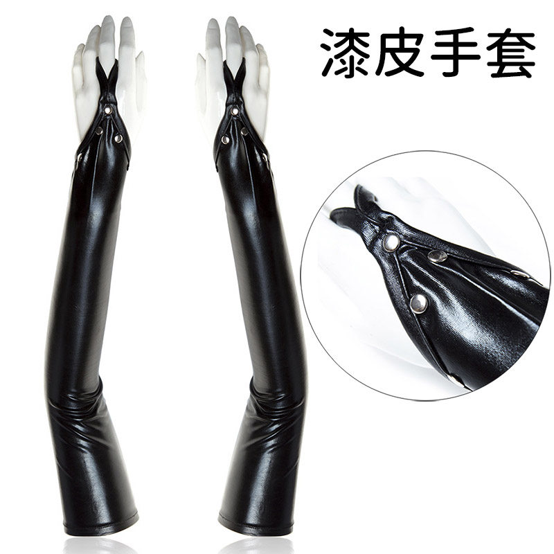 SM patent leather gloves Queen long tube leak finger gloves Couples flirt and tease sexy master slave training sex female supplies