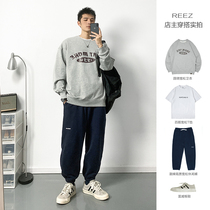 REEZ (shopkeeper wears a hitch) American round neckline mens headsets loose print student trends 100 hitch-tying women