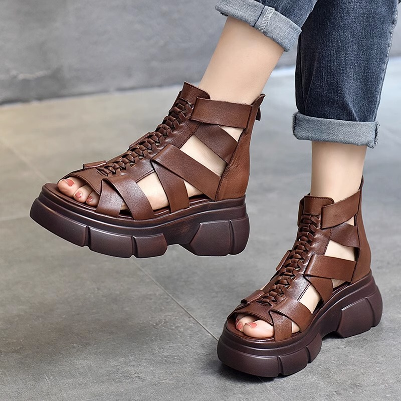 Fashionable Roman Sandals for Women, Summer 2025, Thin Genuine Leather, Versatile Woven Peep-Toe Casual Platform Thick-Soled Sandals
