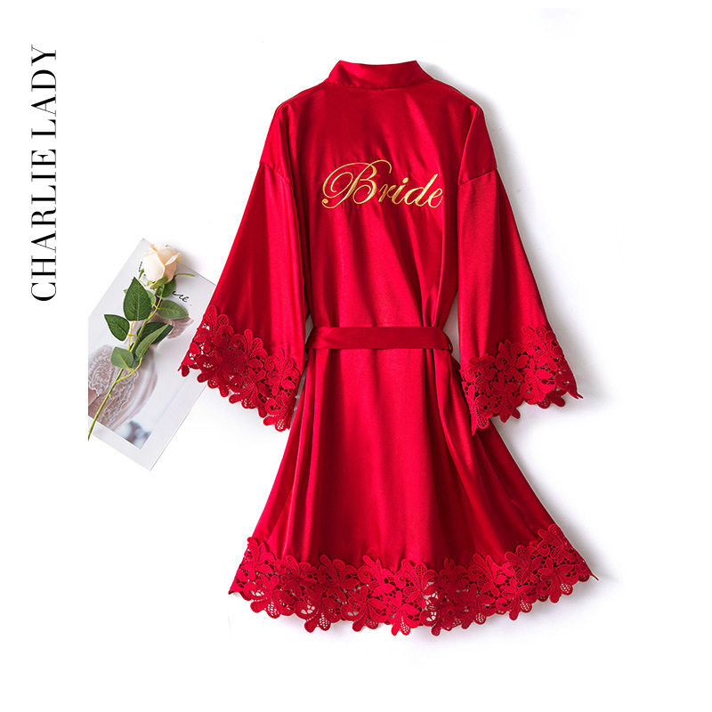 Sexy nightgown women's morning gown bride bridesmaid high-quality lace wedding pajamas red bathrobe long section summer thin section
