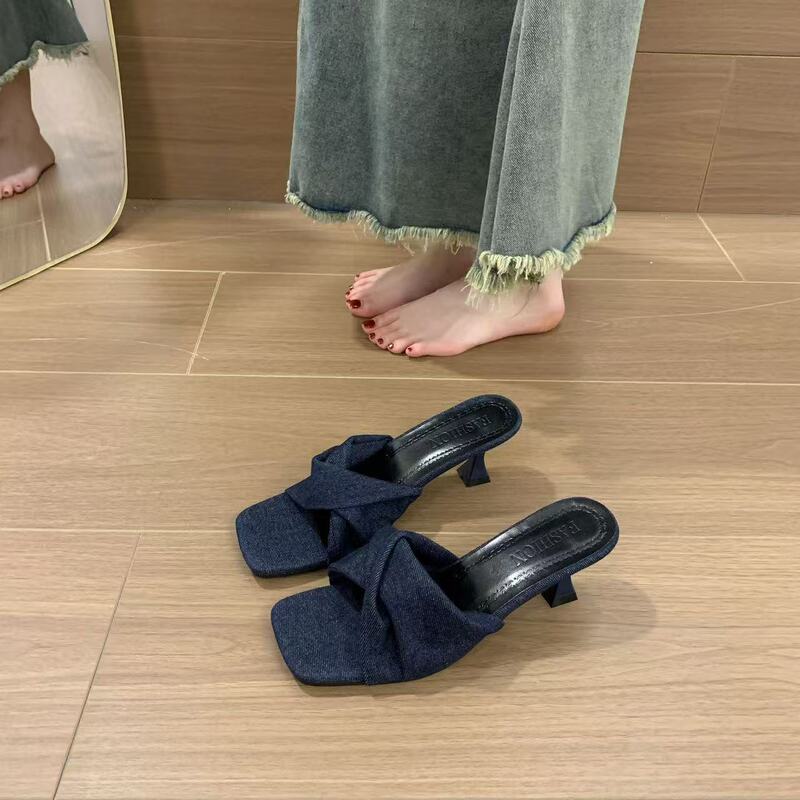 Denim Cross-Strap 2026 New Style Square-Toe Thin-Heel Slip-On Sandals, Elegant and Fashionable Versatile High-Heeled Mules