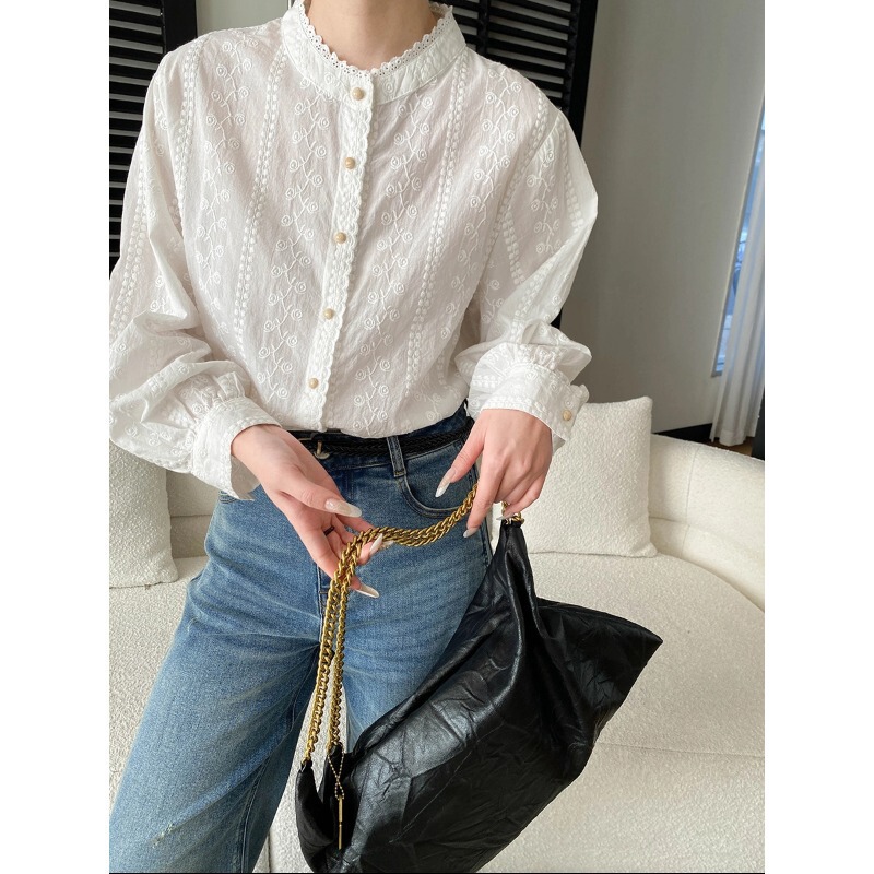 Early Spring New Style Gentle Style Heavy-Duty Embroidered Lace Trim Stand Collar Elegant Shirt Made of Pure Cotton