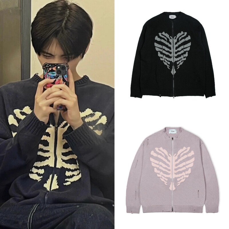 In Stock! Cui Ranjun, Taishan, and Han Dongmin's Same Style Xtonz Skull Ripped Zipper Knit Cardigan Sweater Jacket