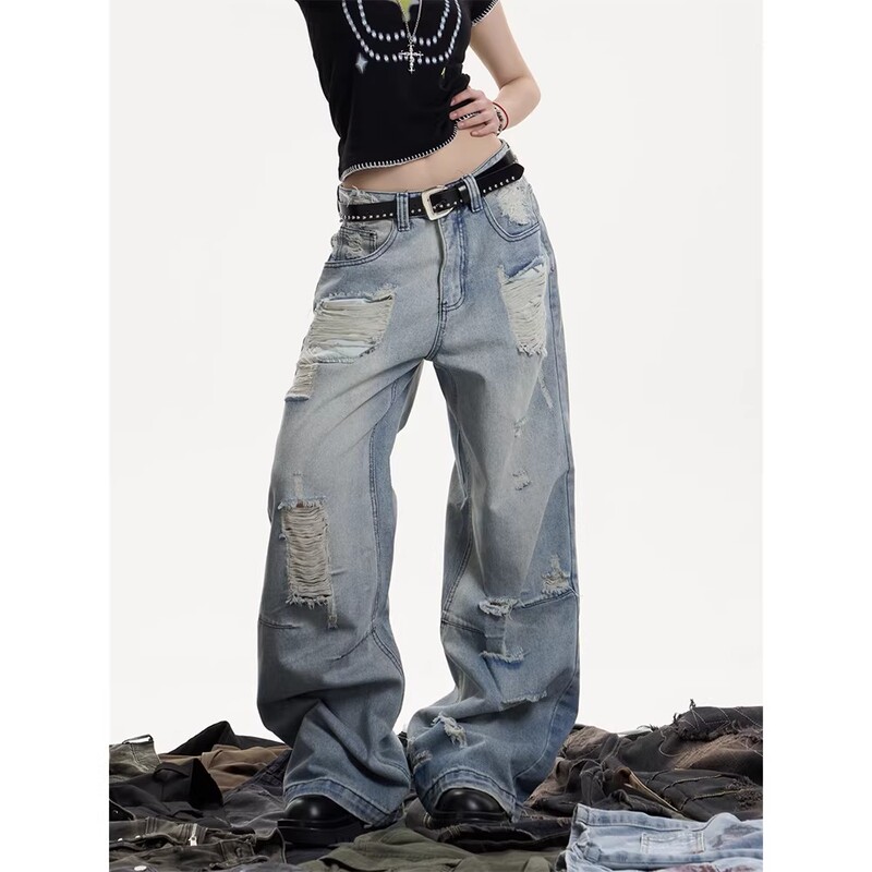 American Retro Washed Distressed Ripped Jeans for Men and Women, Low-Waisted, Loose-Fitting, Straight-Leg, Wide-Leg, Floor-Length Pants