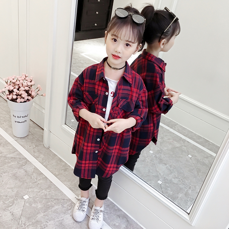 Girls Áo sơ mi 2019 mới trẻ em Air bông vừa chiều dài áo khoác mùa xuân dress Trung bình Dài tay sọc ca rô áo cho Big Kids.