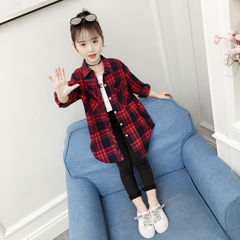 Girls Áo sơ mi 2019 mới trẻ em Air bông vừa chiều dài áo khoác mùa xuân dress Trung bình Dài tay sọc ca rô áo cho Big Kids.