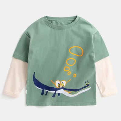 Chàng trai t-shirt dài tay áo 2019 mùa xuân và mùa thu mới baby khí nước ngoài bông nối tay áo đáy in hit triều đứa trẻ.