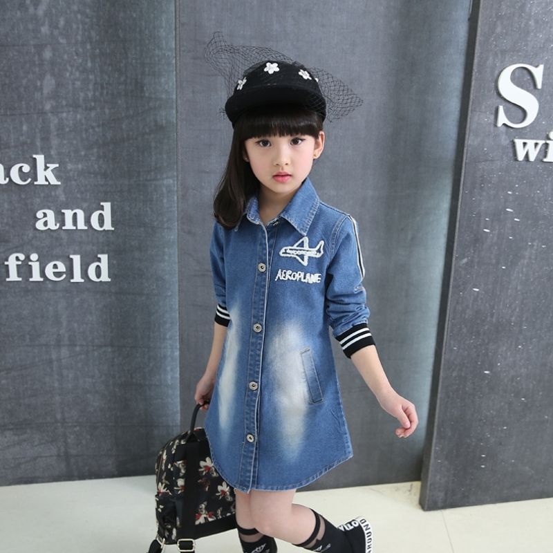 2019 mới trẻ em bông của bông cô gái mùa xuân và áo sơ mi denim mùa thu áo dài của phiên bản trung và dài Hàn Quốc phiên bản Hàn Quốc của áo sơ mi của trẻ em.