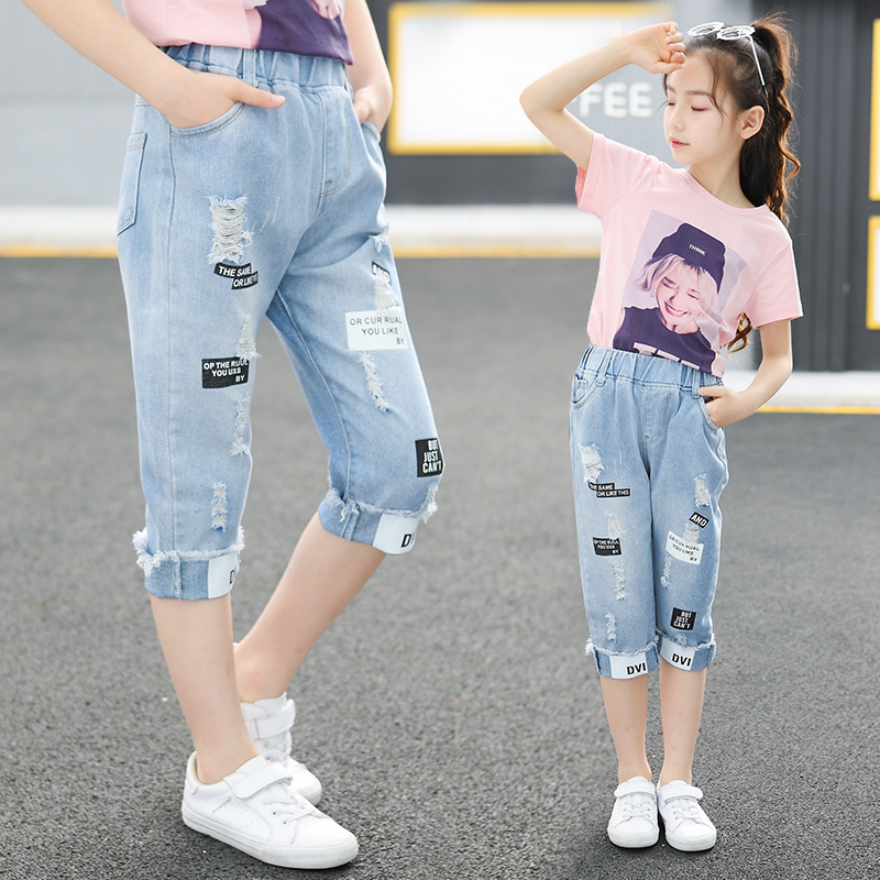 bảy điểm quần mùa hè Girls cô gái mỏng xé quần jeans 12 tuổi 10 trẻ em quần trong quần cậu bé lớn.