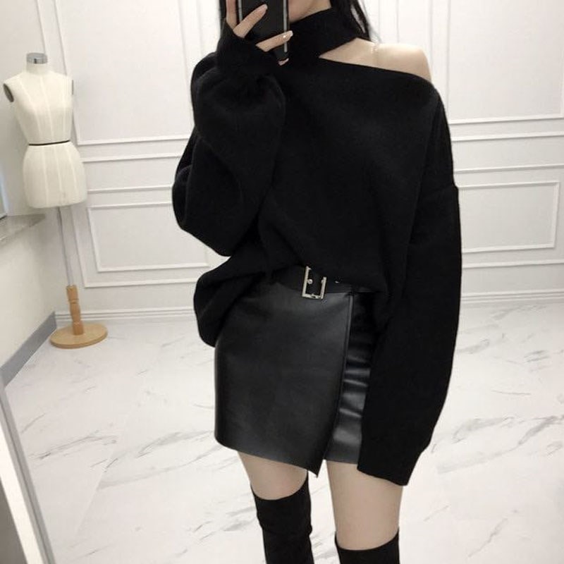 2019 new lazy wind leaky shoulder black loose sweater hanging neck off shoulder sexy mind design sweater women