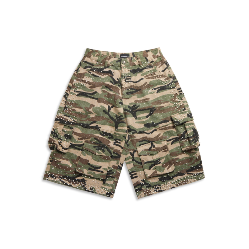 Epochbrand Camouflage Heavy-Duty Rhinestone-Embellished Pearl Baggy Cropped Shorts
