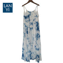 Blue Dye Hanging neck Pendant With Skirt Woman Loose Open Back Sleeveless Dress Yunnan Big Haircut White Clan handmade Dye Style Vest Dress