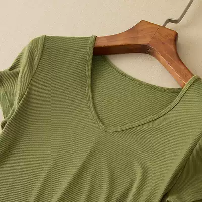 Summer seconds do not return yellow M Green M 2XL vertical woven thread collar V-neck all have women's short sleeves T