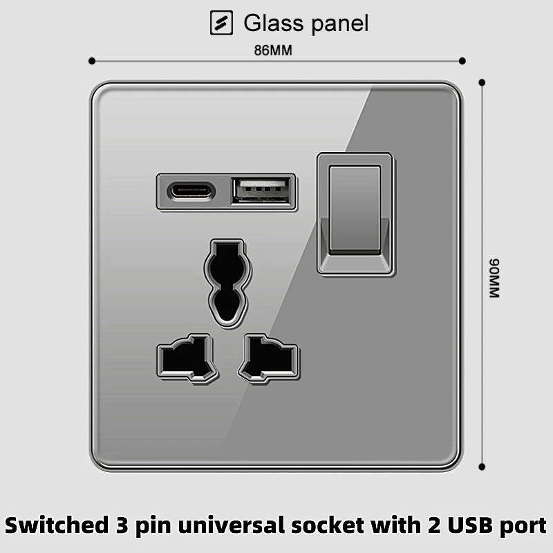 Hồng Kông và Úc Ổ cắm tiêu chuẩn Anh 13a của Anh có đèn USB công tắc gas làm lạnh 20A tấm kính cong màu xám công tắc 1 chiều o cam li oa Công tắc, ổ cắm dân dụng