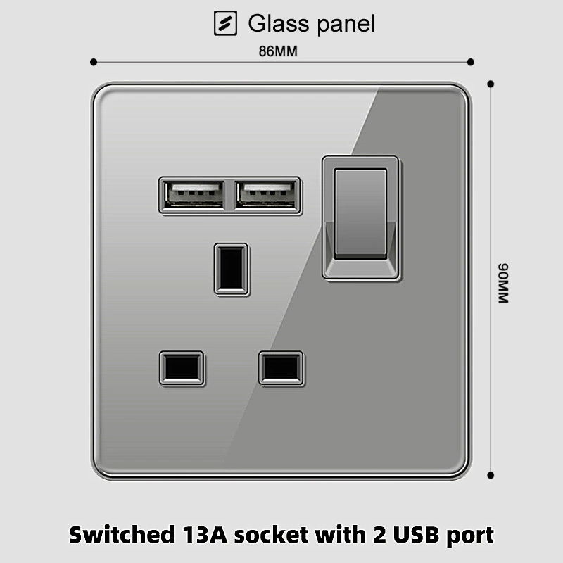 Hồng Kông và Úc Ổ cắm tiêu chuẩn Anh 13a của Anh có đèn USB công tắc gas làm lạnh 20A tấm kính cong màu xám công tắc 1 chiều o cam li oa Công tắc, ổ cắm dân dụng