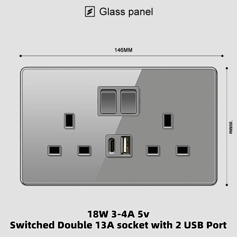 Hồng Kông và Úc Ổ cắm tiêu chuẩn Anh 13a của Anh có đèn USB công tắc gas làm lạnh 20A tấm kính cong màu xám công tắc 1 chiều o cam li oa Công tắc, ổ cắm dân dụng