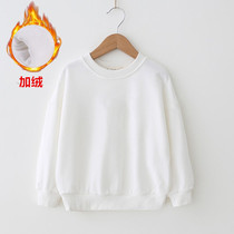 Childrens pure white sweatshirt boy no hat round neckline The thick 2021 autumn new middle children plus velvet blouses
