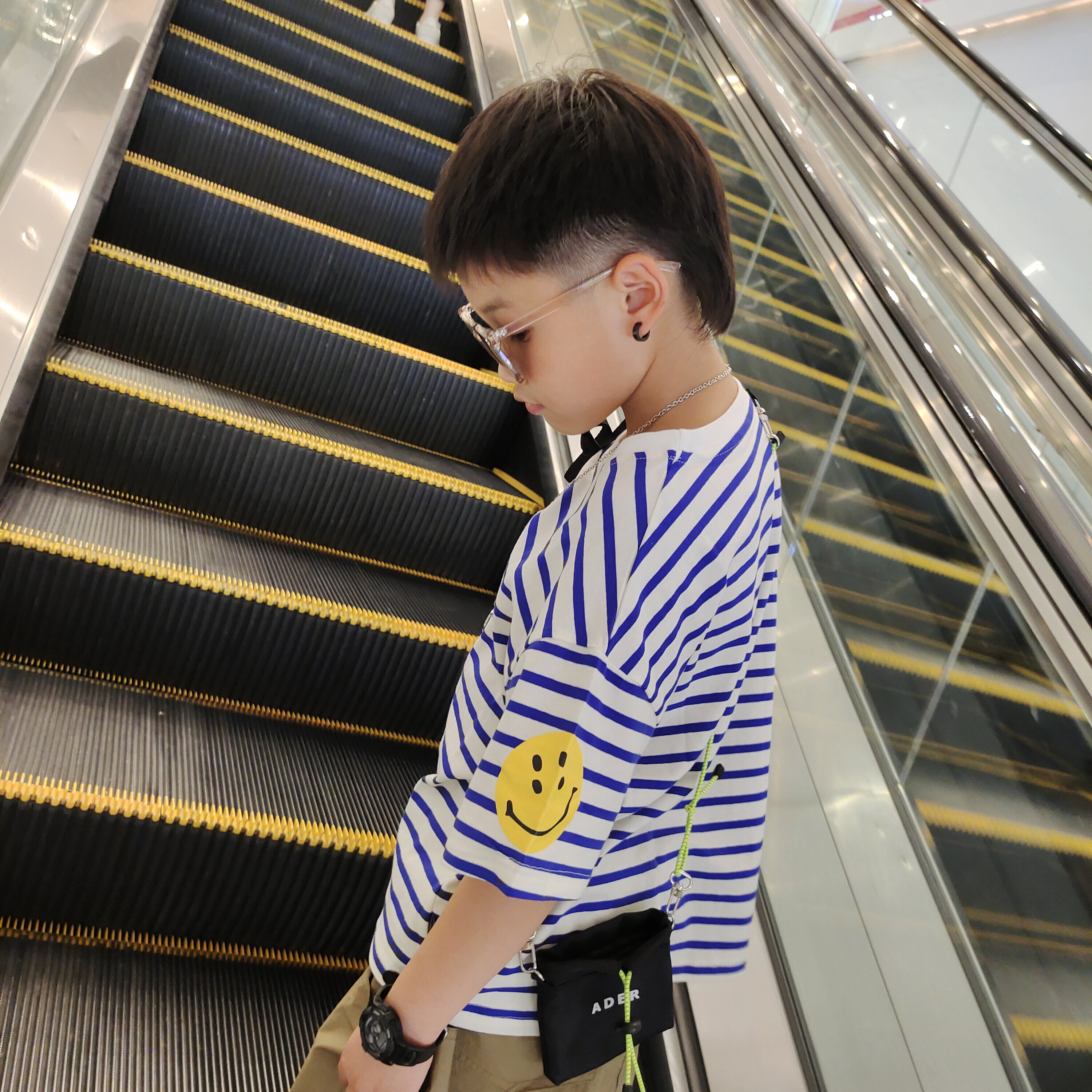 Summer boy fitted boy short sleeve T-shirt child half sleeve baby blouse blouse with smiley face striped relaxed CUHK child thin