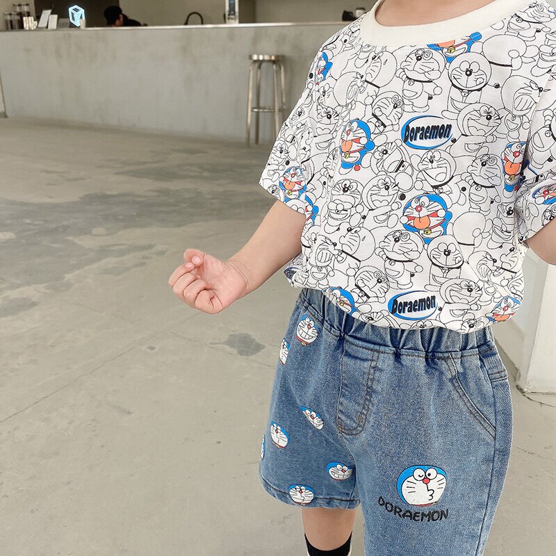 INS Summer New Child Dress Boy Short Sleeve T-shirt Half-sleeved Baby Top Cartoon Clock Cat