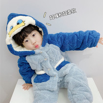 Childrens warm pajamas three-layer quilted thickened plus velvet arctic velvet boys and girls baby home service suit winter
