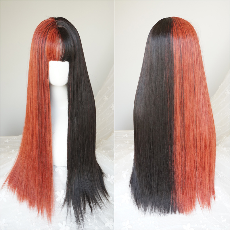 Wig female hair long straight hair net red natural face repair fluffy air bangs gradient black gold double color full head cover