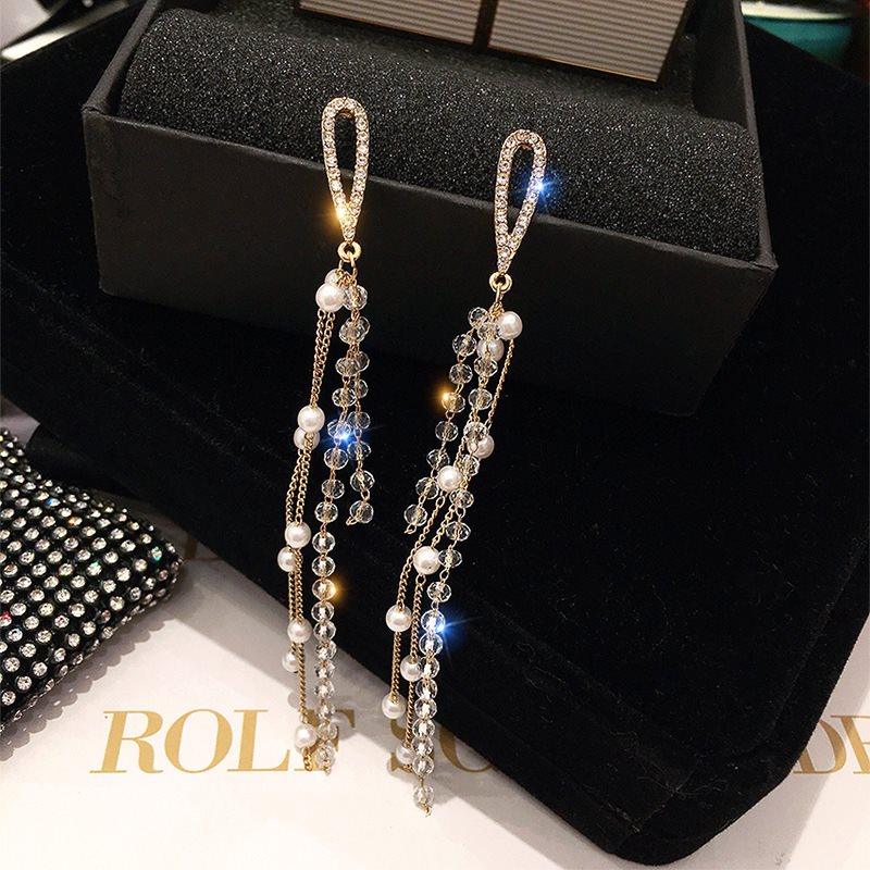 Suitable for face Korean temperament long crystal earrings high-sensitive super-fairyline Su ear crash red ear nail ear jewelry