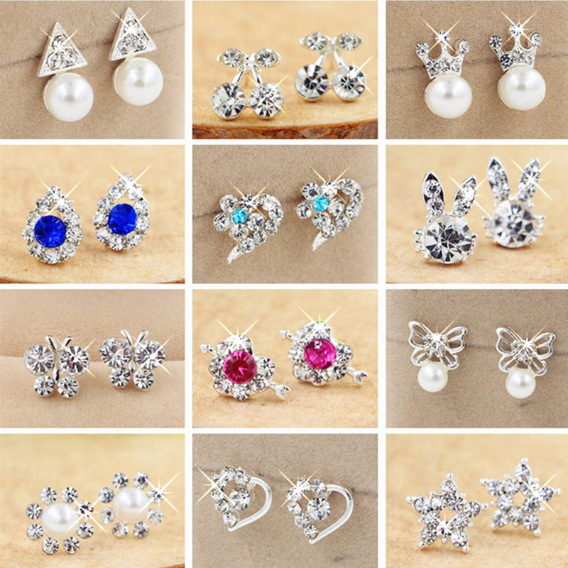 Korean version of minimalist small ear pin temperament sweet and crystal earrings delicate and small 100 hitch pearls ear decoration anti-allergy earrings