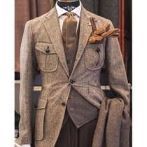 Retro style trendy hunting wool herringbone pattern American spring and autumn multi-bag tooling jacket Ami kachi jacket men