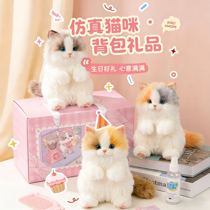 Simulated Three-Color Kitten Plush Backpack, Cute Plush Toy Doll, Gift for Girls, Friends, and Girls' Birthdays