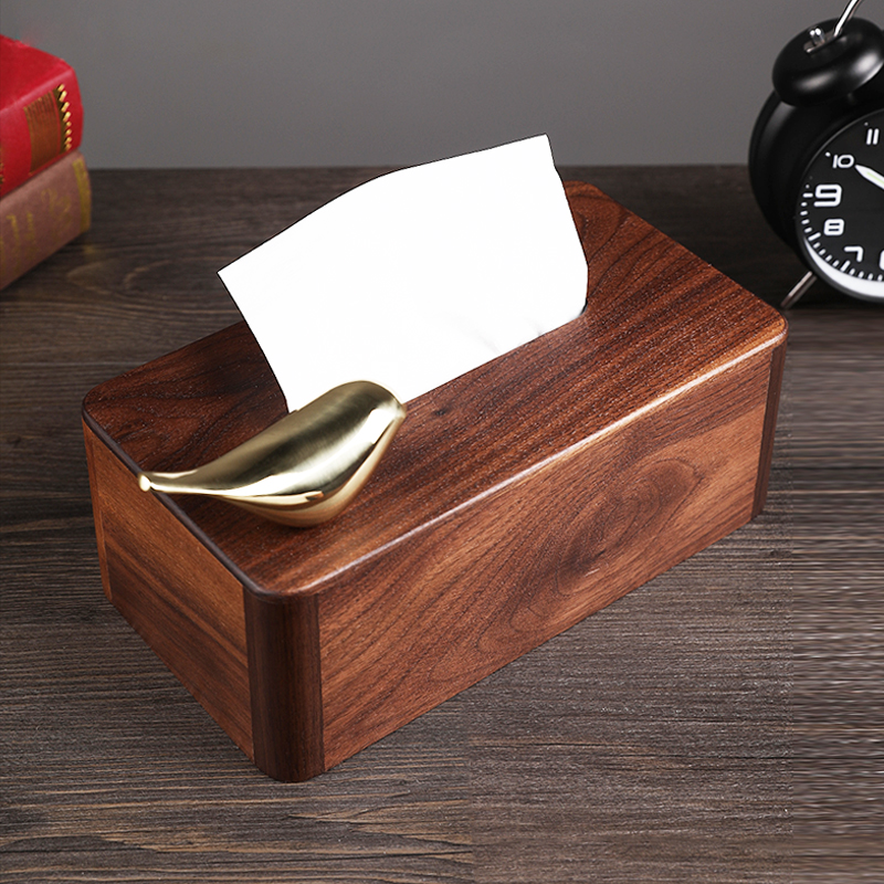Black walnut solid wood pure copper bird tissue box new Chinese living room home light luxury decoration desktop coffee table toilet paper box