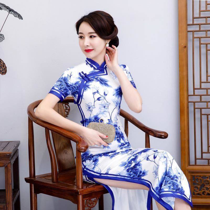 Blue and white porcelain cheongsam female summer modified long version catwalk high-end performance clothing Chinese style evening dress cheongsam fishtail skirt