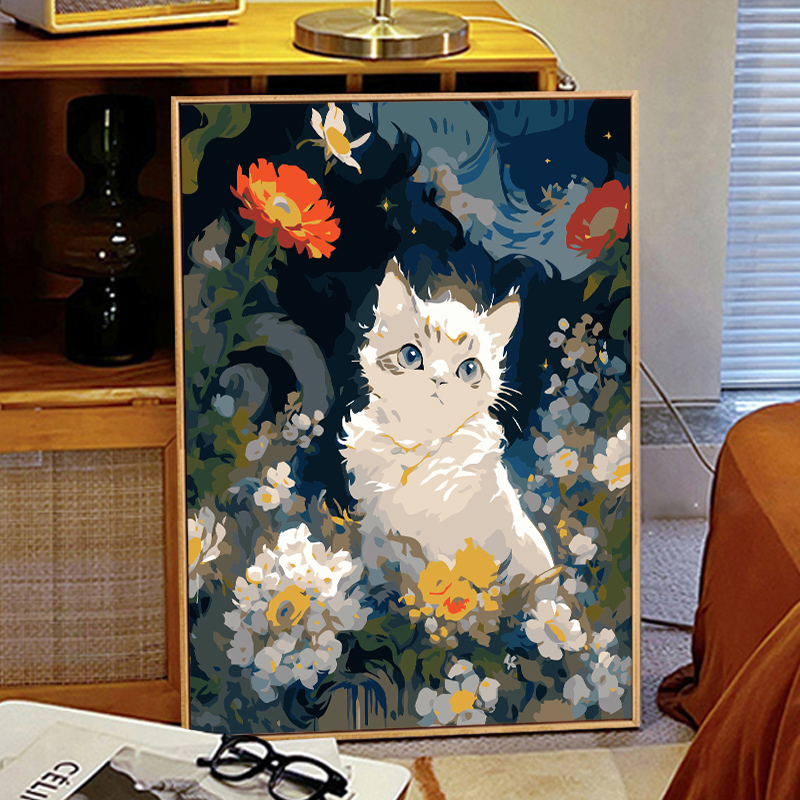 Van Gogh starry sky kitty digital oil painting diy oil color fill hand painted with hand advanced senses decorative painting-Taobao