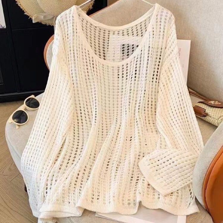 Hollow-Out Knit Sweater for Women, New Summer Style, Lazy and Loose Fit, Covers the Body, Sun Protection Cover-Up, Round Neck Design, Long-Sleeved Top Hollow-Out Knit Sweater for Women, New Summer Style, Lazy and Loose Fit, Covers the Body, Sun Protection Cover-Up, Round Neck Design, Long-Sleeved Top