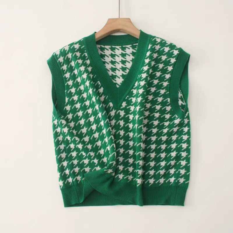 Spring and Autumn Houndstooth Fashion V-Neck Slimming Wool Knit Short Versatile Vest Sweater for Women